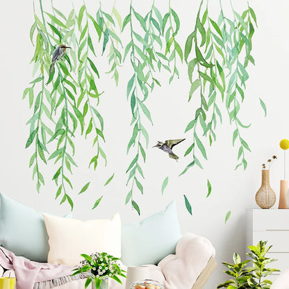 Close-up view of Hand-Painted Willow Branch Leaves and Birds Wall Decal | Home Decor by HomeDecorDecals.