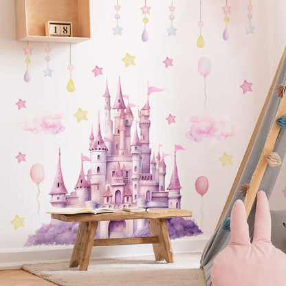2sheet/set Pink Castle Wall Decals, Clouds Stars Wall Stickers, Balloon Wall Decor for Kids Girls Bedroom Nursery Home-HomeDecorDecals_com
