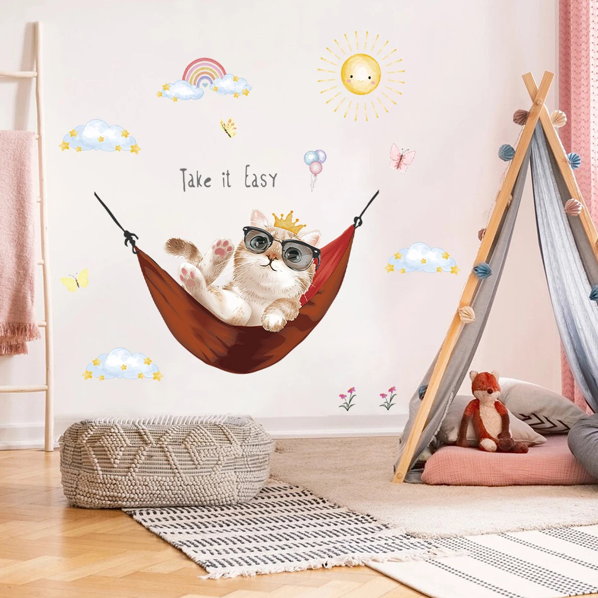 1Pc Cute Cartoon Cat Basking in The Sun Wall Decals Bedroom Decoration Wall Stickers for Kids Home Decor Children's Room-HomeDecorDecals_com