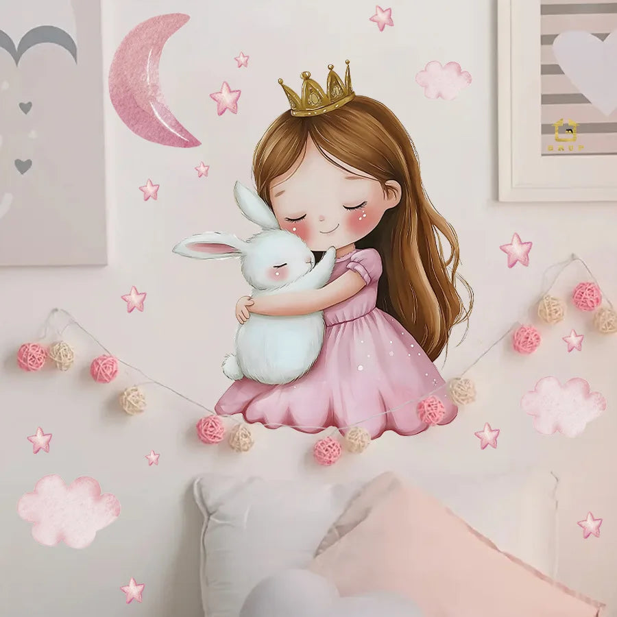 Cute Cartoon Girl Hugging Rabbit Wall Sticker Nursery Kids Room Decor Removable Self-Adhesive Home Art Decal-HomeDecorDecals_com