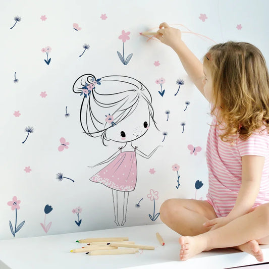 Cartoon Girl Dandelion Wall Decal | Kids Room Decor removable peel and stick wall decal by HomeDecorDecals.
