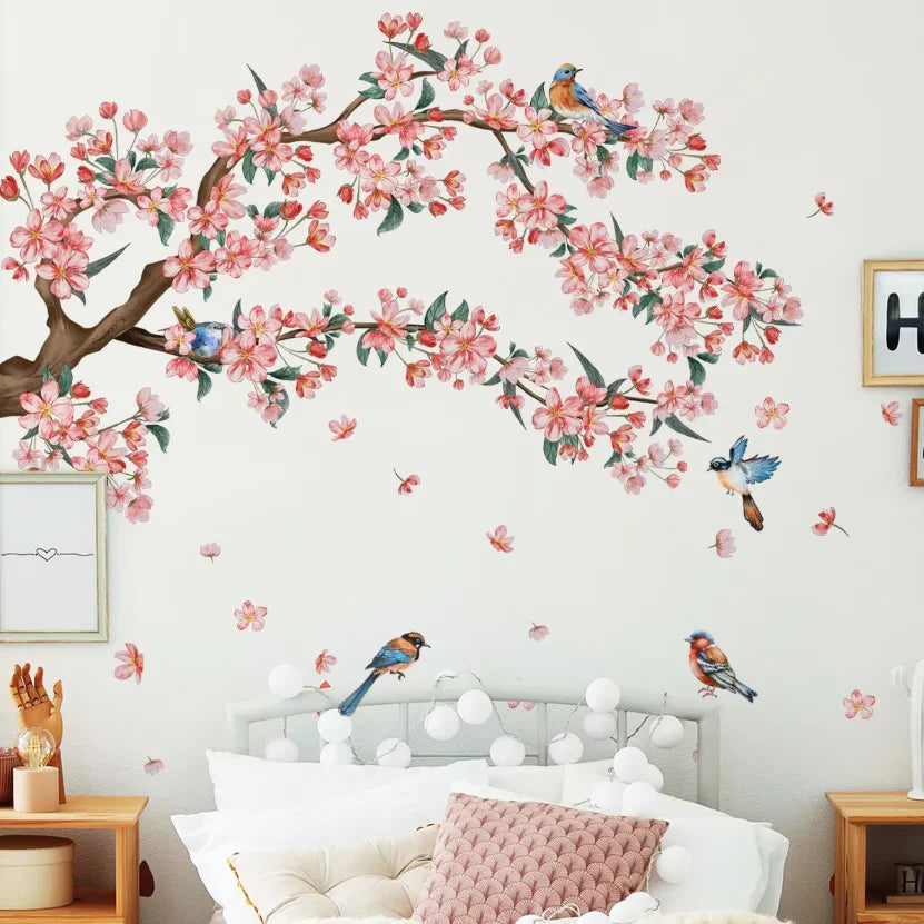Detailed look at Creative Peach Blossom Bird and Branch Wall Decal | Home Decor by HomeDecorDecals.