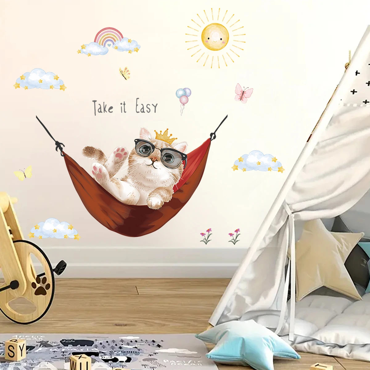 1Pc Cute Cartoon Cat Basking in The Sun Wall Decals Bedroom Decoration Wall Stickers for Kids Home Decor Children's Room-HomeDecorDecals_com