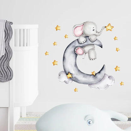 Cartoon Grey Baby Elephant Moon Gold Stars Wall Stickers for Kids Room Decor Nurserry Wall Decals Girl Boy Room Decorative-HomeDecorDecals_com