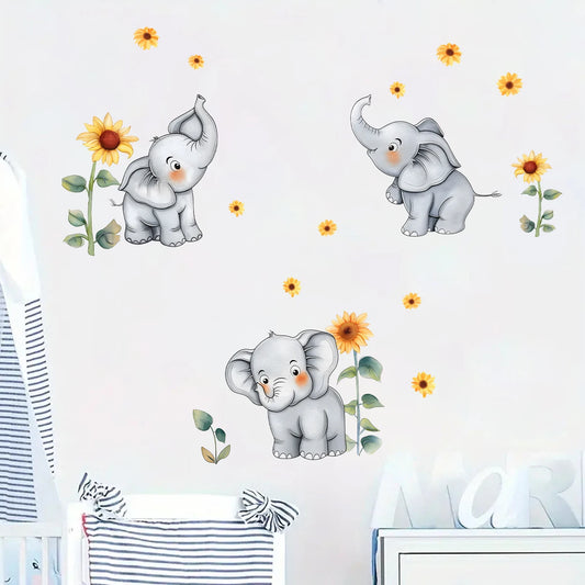 Cartoon Sunflower and Elephant Wall Decal | Kids Room Decor removable peel and stick wall decal by HomeDecorDecals.