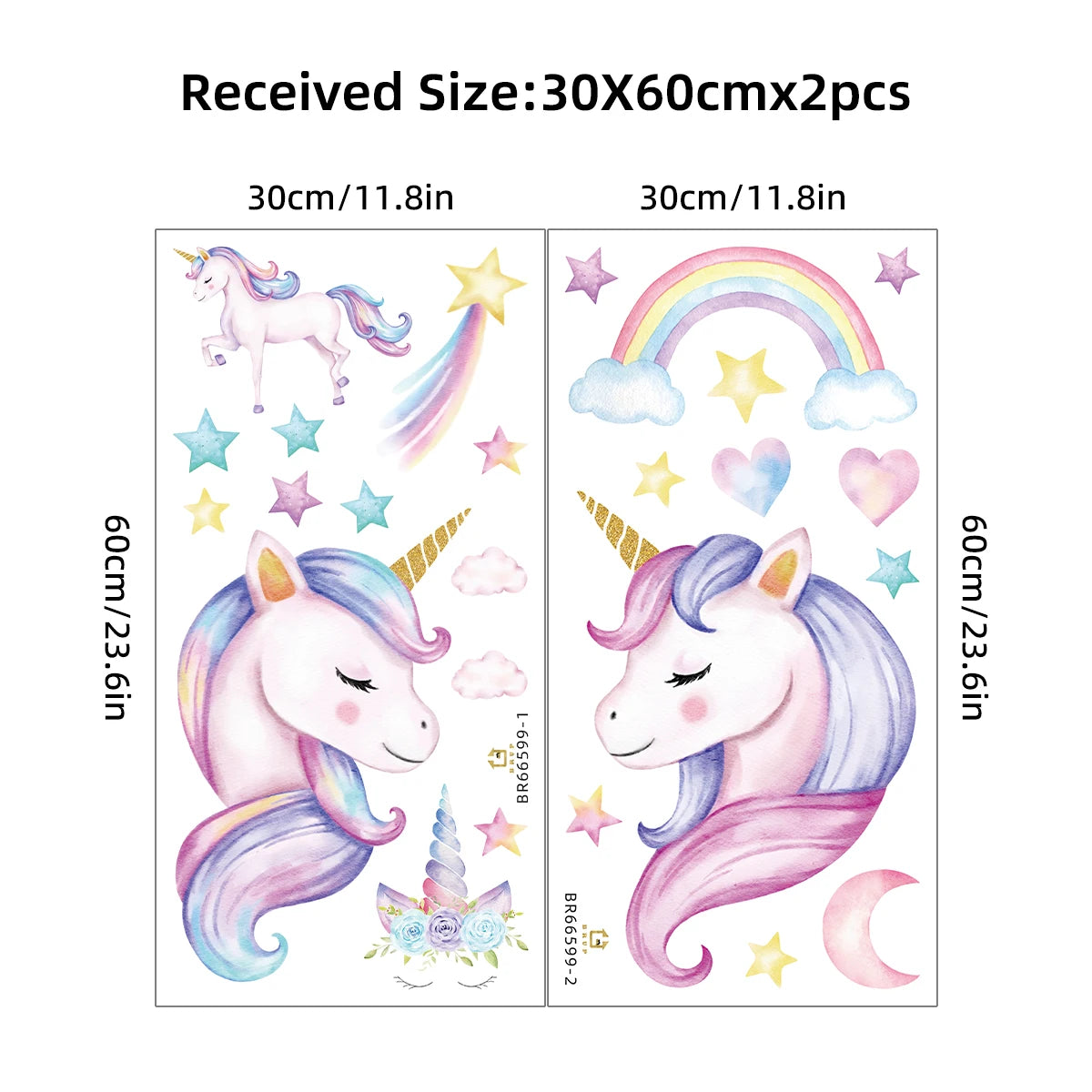Cartoon Rainbow Moon Stars Unicorn Wall Decals For Kids (2pcs)-HomeDecorDecals_com