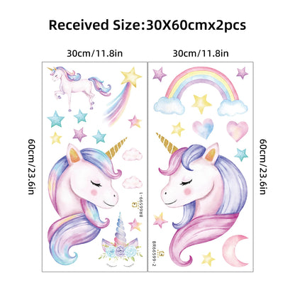Cartoon Rainbow Moon Stars Unicorn Wall Decals For Kids (2pcs)-HomeDecorDecals_com