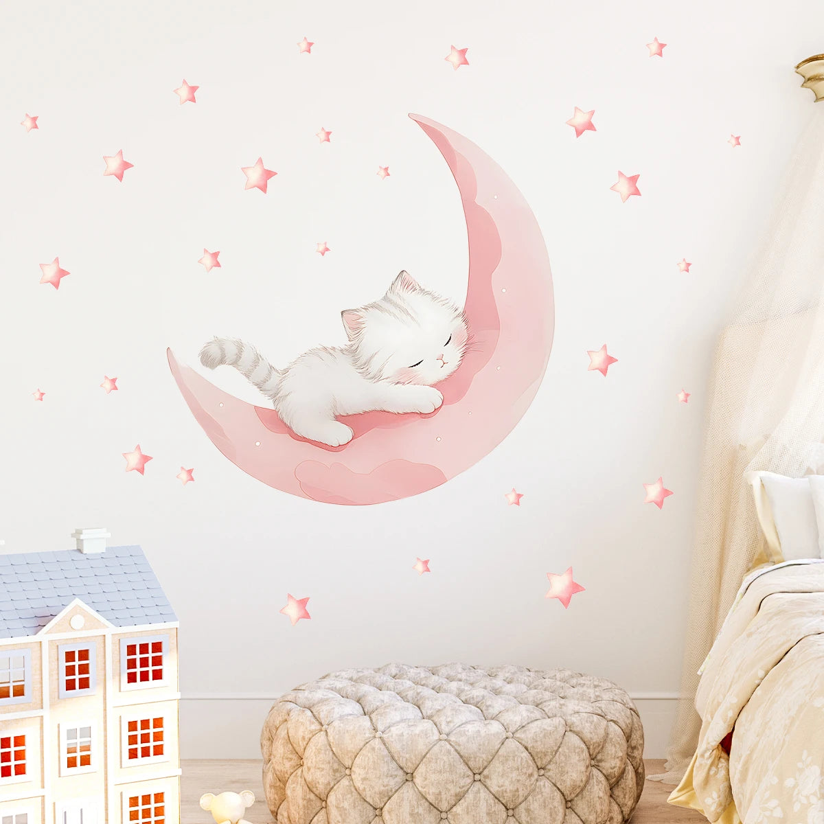 Pink Moon Cat Sleep Wall Decal | Home Decor design details by HomeDecorDecals.