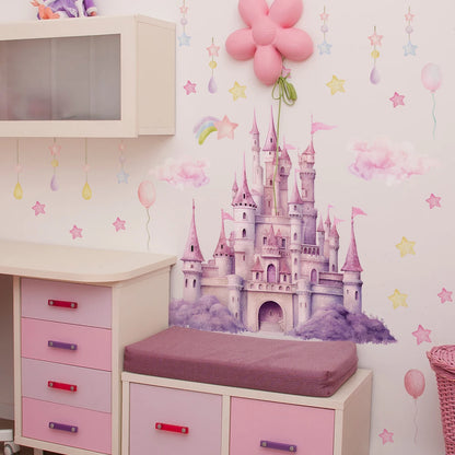 2sheet/set Pink Castle Wall Decals, Clouds Stars Wall Stickers, Balloon Wall Decor for Kids Girls Bedroom Nursery Home-HomeDecorDecals_com