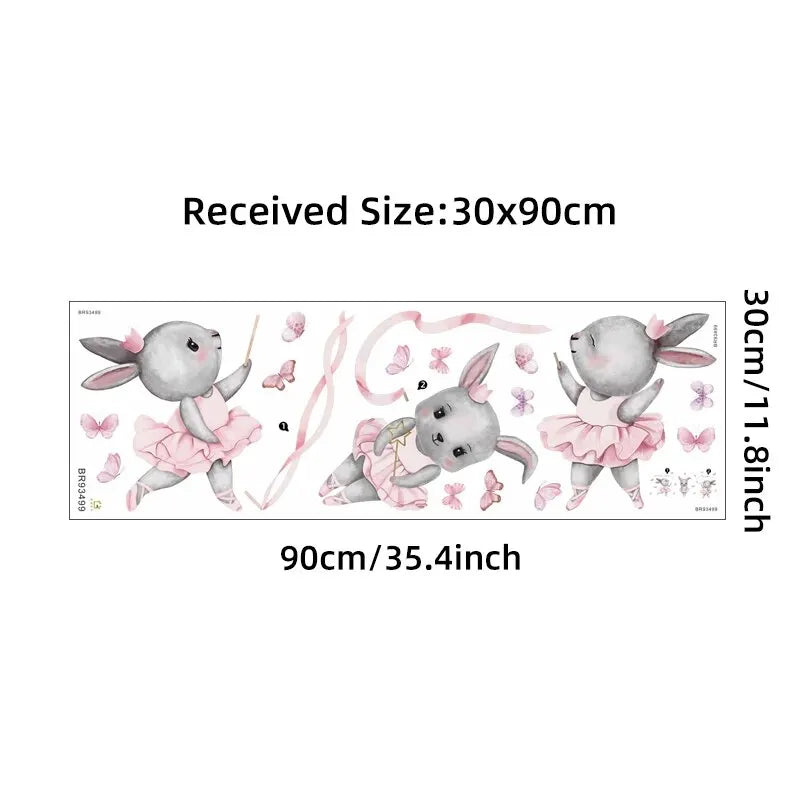 Cartoon Three Gray Rabbits Dancing Ballet Butterfly Wall Stickers for Kids Room Bedroom Nursery Home Decoration Wall Decal-HomeDecorDecals_com