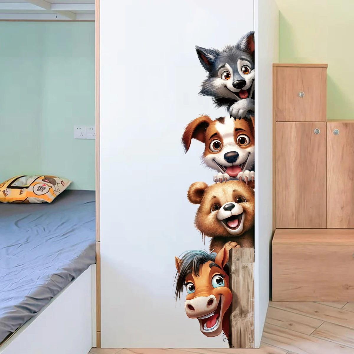 Funny Animal Wall Stickers With Horse Bear Dog And Wolf, Removable Self-Adhesive Animal Door Decals For Bedroom Hallway Decor-HomeDecorDecals_com