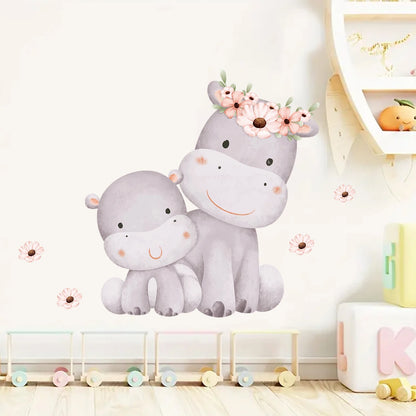 Cartoon Cute Baby Hippopotamus Wall Stickers for Kids Home Decor Accessories Living Room Wall Decals Nursery Bedroom Decoration-HomeDecorDecals_com