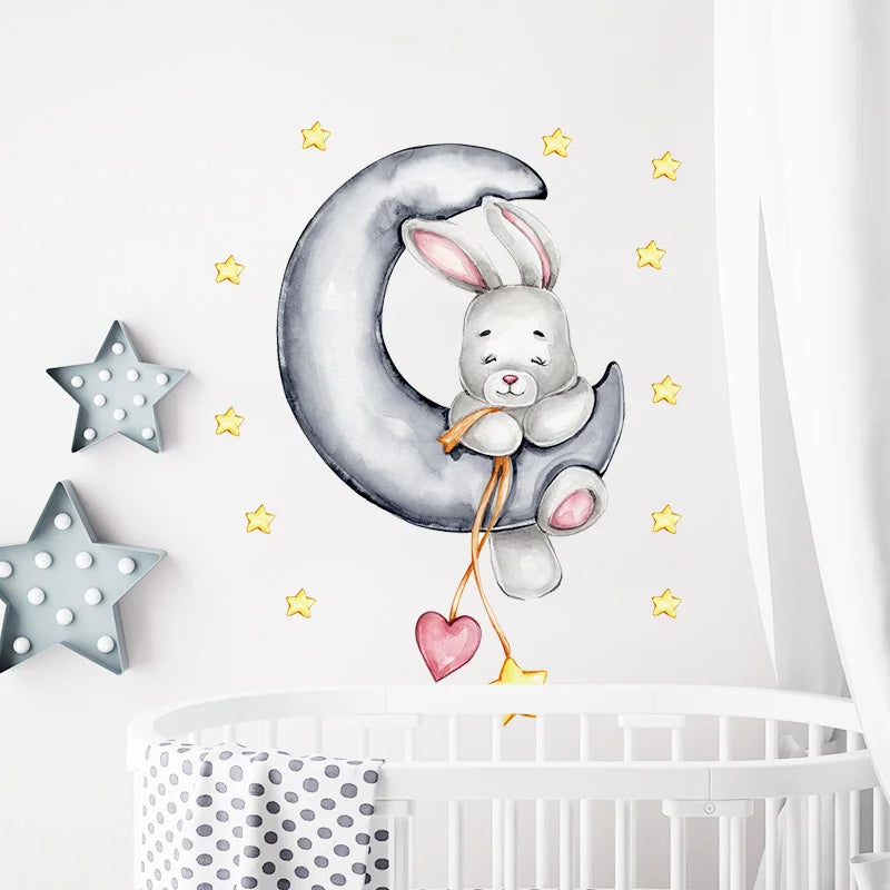 Bunny Baby Nursery Wall Stickers Cartoon Rabbit Swing on the Stars Wall Decals for Kids Room PVC Removable Stickers PVC DIY-HomeDecorDecals_com