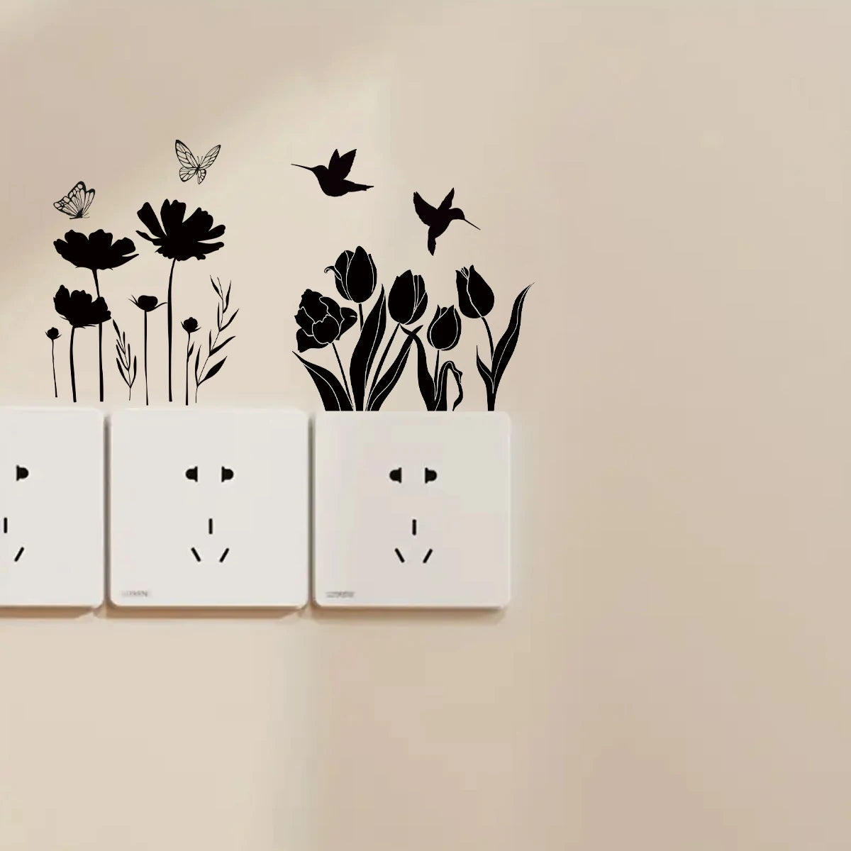 Close-up view of Flower Bird Silhouette Pattern Wall Decal | Room Decor by HomeDecorDecals.