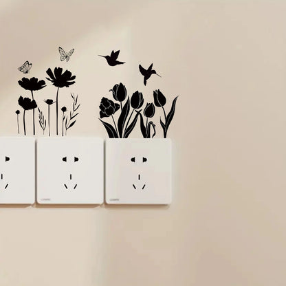 Close-up view of Flower Bird Silhouette Pattern Wall Decal | Room Decor by HomeDecorDecals.