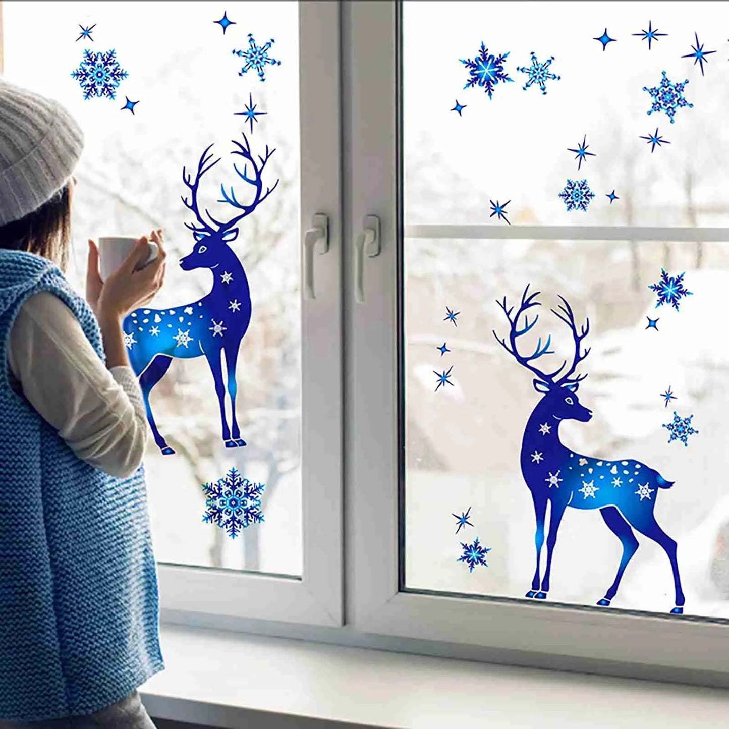 Christmas Window Clings Ornament Snowflake Sticker Glass Window Decoration Sticker Christmas Blue Snowflake Elk Wall Sticker-HomeDecorDecals_com