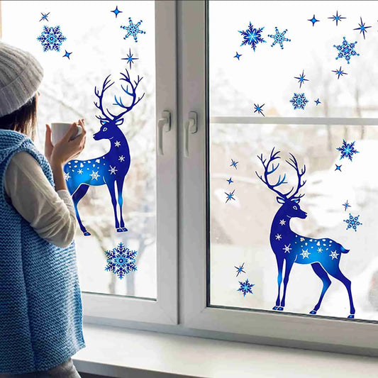 Christmas Window Clings Ornament Snowflake Sticker Glass Window Decoration Sticker Christmas Blue Snowflake Elk Wall Sticker-HomeDecorDecals_com