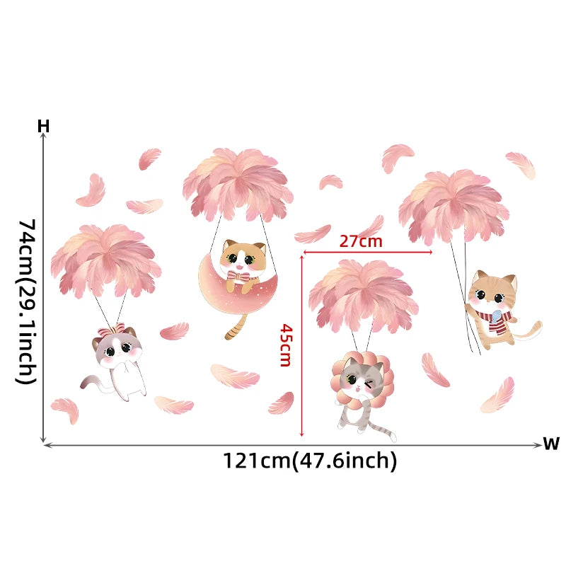 Hand-paint Pink Feather Balloon Cute Cats Cartoon Wall Stickers for Kids Room Baby Nursery Wall Decals Home Decorative Stickers-HomeDecorDecals_com