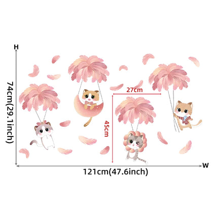 Hand-paint Pink Feather Balloon Cute Cats Cartoon Wall Stickers for Kids Room Baby Nursery Wall Decals Home Decorative Stickers-HomeDecorDecals_com