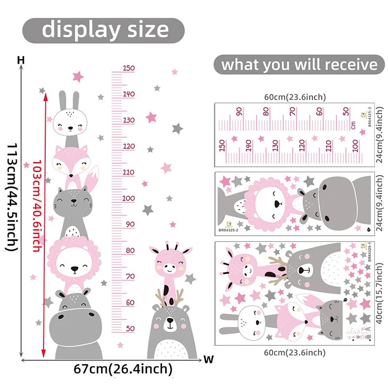 Cartoon Smile Animals Bear Lion Deer Hippo Stars Height Ruller Wall Stickers for Kids Room Boy Girl Room Nursery Wall Decals pvc-HomeDecorDecals_com