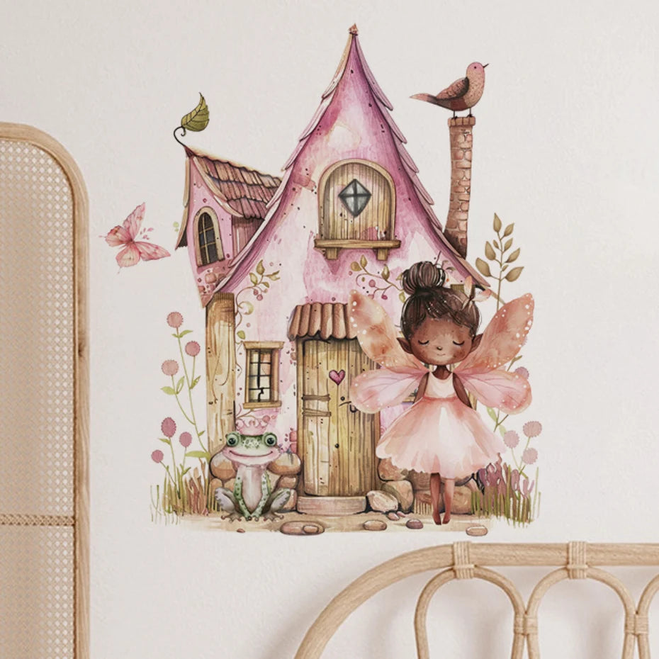 Cartoon Cute Fairy Mushroom House Plant Wall Sticker Flower Elves Wall Decals for Kids Room Baby Girl Nursery Room Bedroom Decor-HomeDecorDecals_com