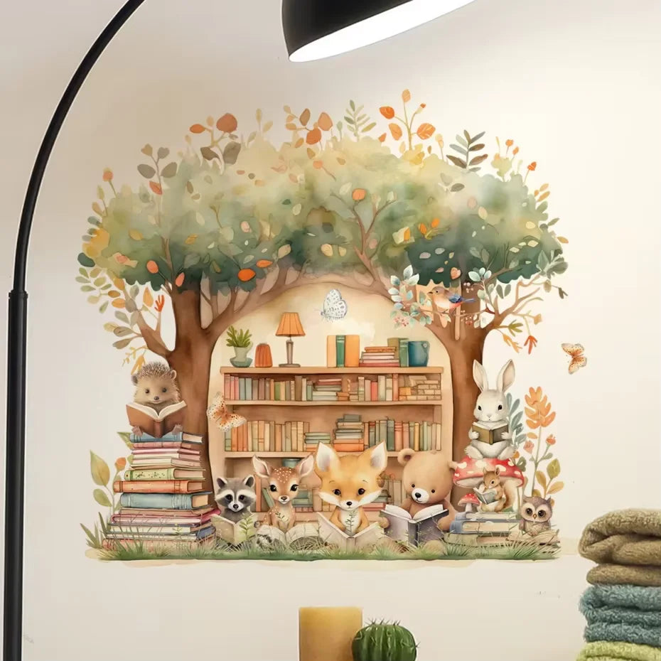 Animals reading in the fairytale tree house Wall Sticker Vinyl Baby Nursery Art Decals for Kids Room Home Decor-HomeDecorDecals_com