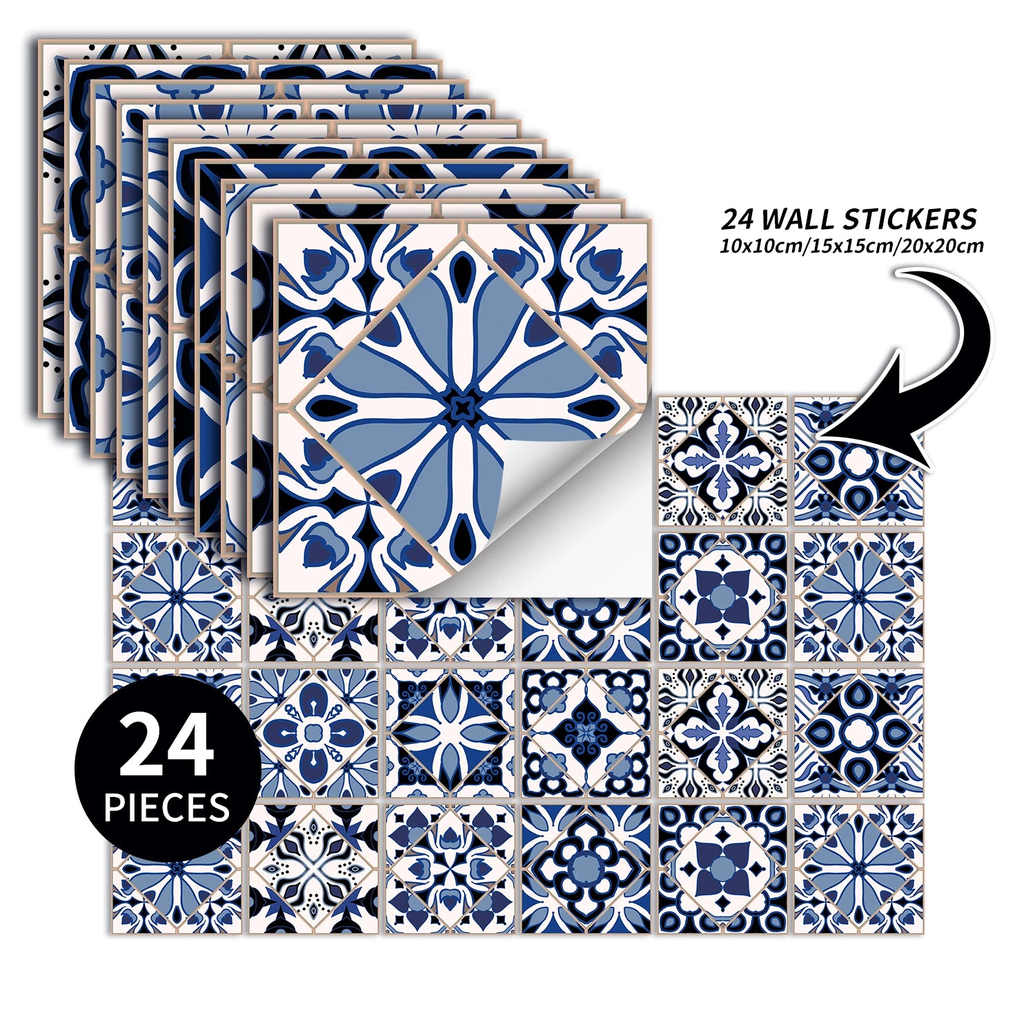 Blue Retro Pattern Self-Adhesive PVC Tile Stickers | Home Decor design details by HomeDecorDecals.