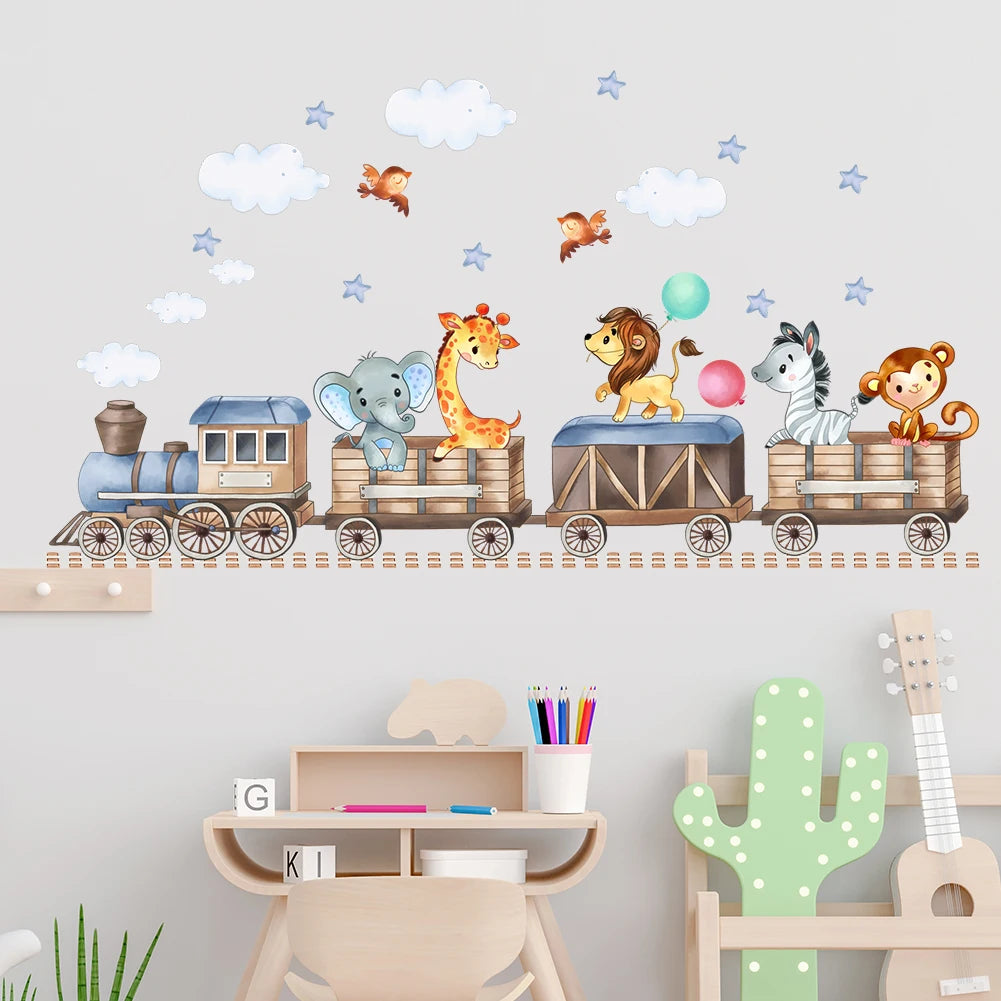 Cartoon Animals Riding On Small Trains Wall Stickers With Movable Stickers For Decorating Posters And Murals In Children's Roo-HomeDecorDecals_com