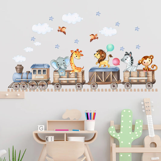 Cartoon Animals Riding On Small Trains Wall Stickers With Movable Stickers For Decorating Posters And Murals In Children's Roo-HomeDecorDecals_com