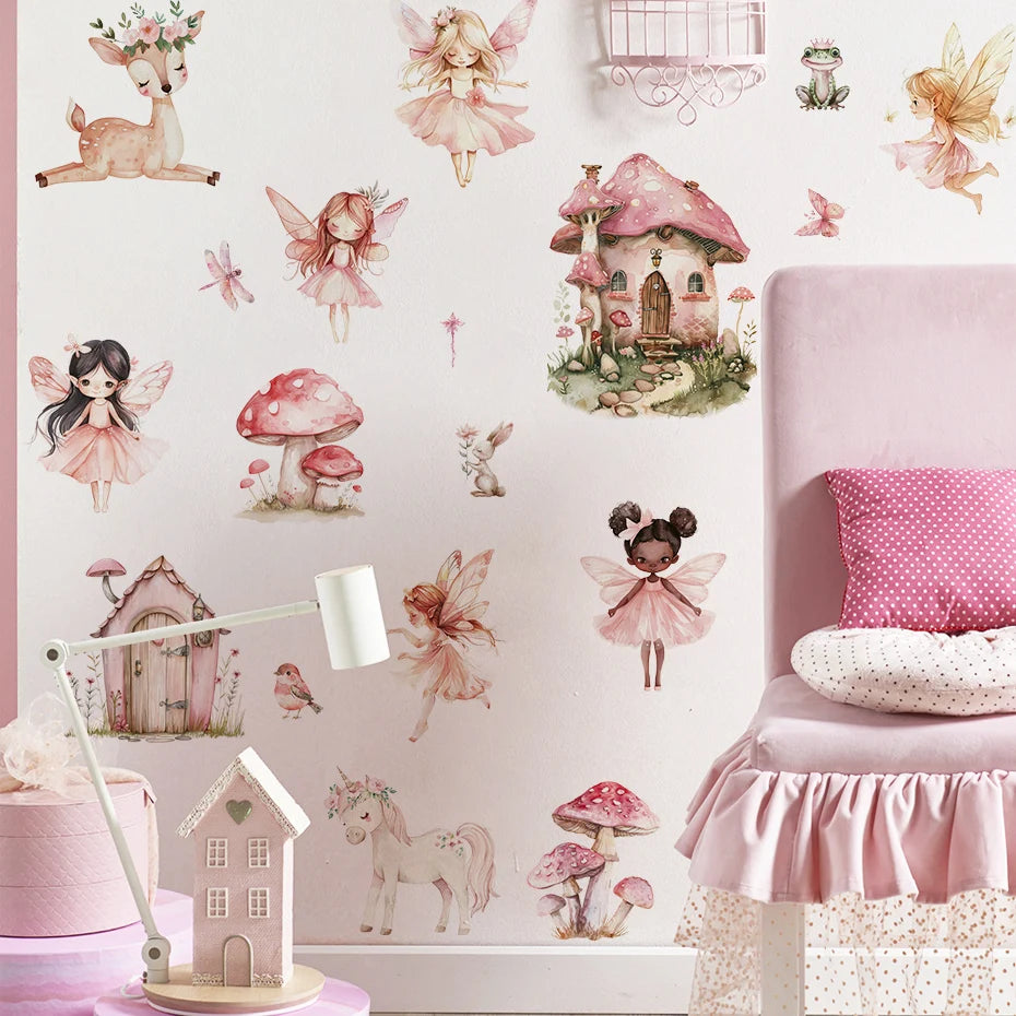 Cartoon Cute Fairy Mushroom House Plant Wall Sticker Flower Elves Wall Decals for Kids Room Baby Girl Nursery Room Bedroom Decor-HomeDecorDecals_com