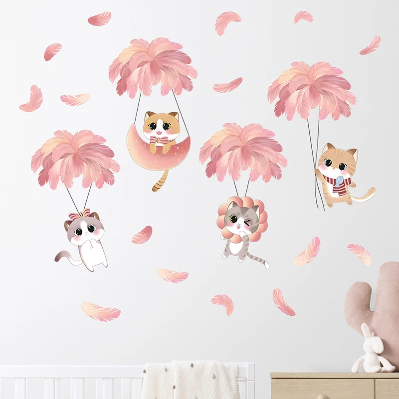 Hand-paint Pink Feather Balloon Cute Cats Cartoon Wall Stickers for Kids Room Baby Nursery Wall Decals Home Decorative Stickers-HomeDecorDecals_com