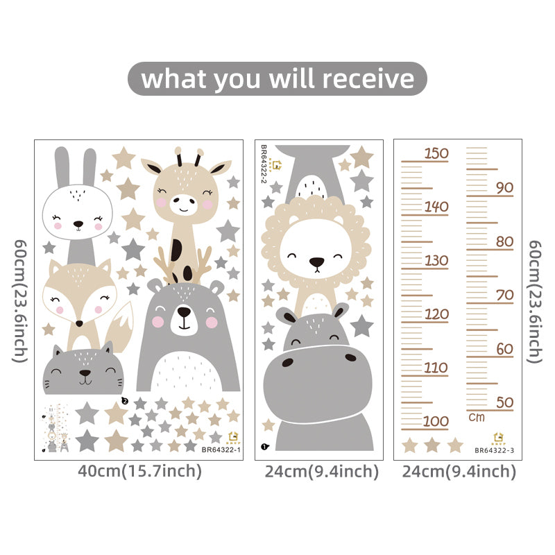 Cartoon Smile Animals Bear Lion Deer Hippo Stars Height Ruller Wall Stickers for Kids Room Boy Girl Room Nursery Wall Decals pvc-HomeDecorDecals_com