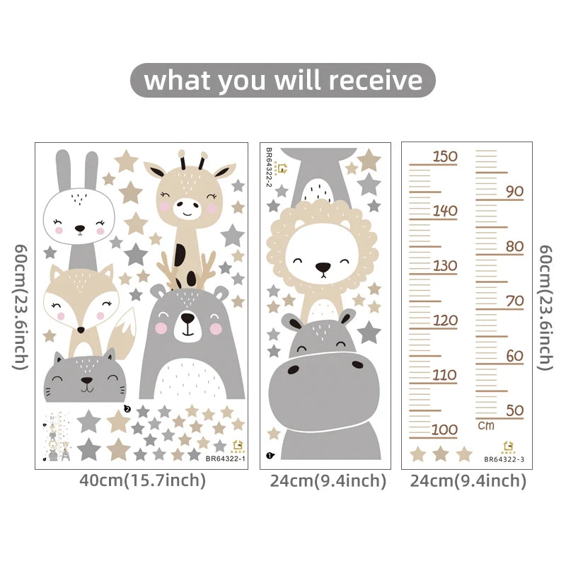 Cartoon Smile Animals Bear Lion Deer Hippo Stars Height Ruller Wall Stickers for Kids Room Boy Girl Room Nursery Wall Decals pvc-HomeDecorDecals_com