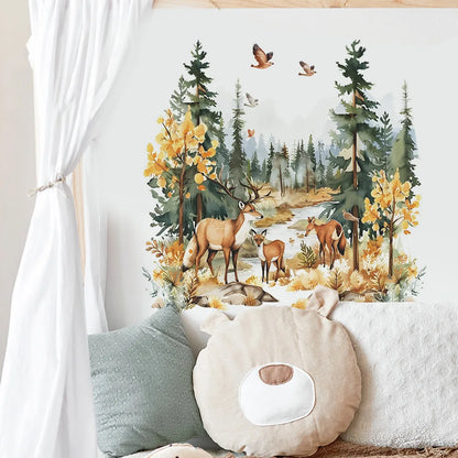 Cartoon Deer Forest Wall Sticker Kids Room Bedroom Background Decor Wallpaper Living Room Home Decoration Self-adhesive Decals-HomeDecorDecals_com