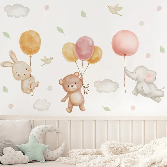 Watercolor Cartoon Bear Rabbit Balloons Clouds Wall Sticker Nursery Vinyl Children's Wall Art Decals for Kids Room Home Decor-HomeDecorDecals_com
