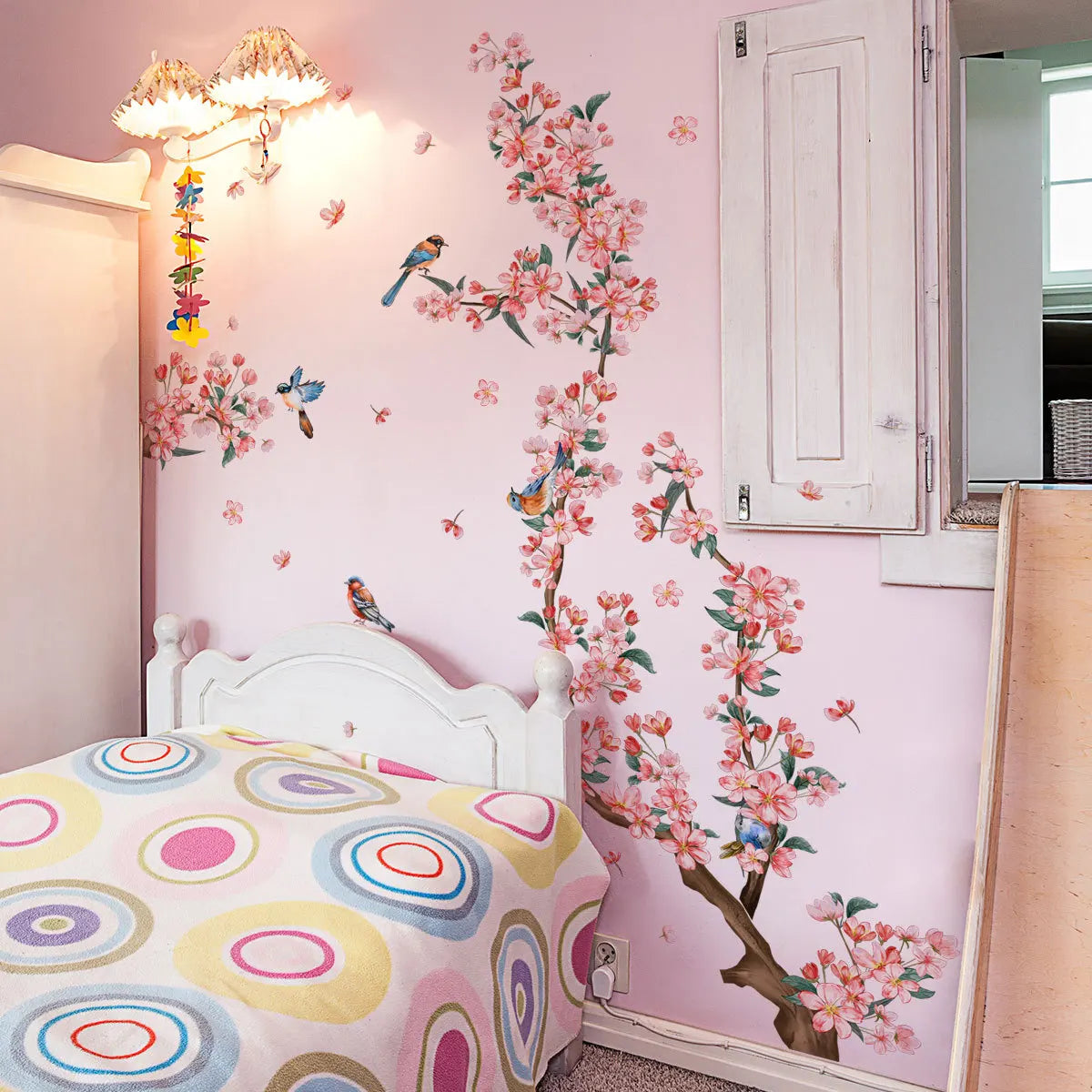 Close-up view of Creative Peach Blossom Bird and Branch Wall Decal | Home Decor by HomeDecorDecals.