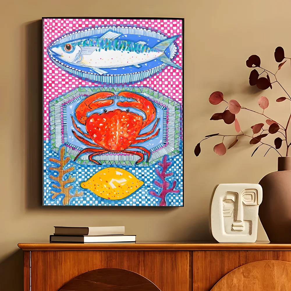 Colorful Sardine Lobster Fish Ocean Animal Self-adhesive Art Poster Retro Kraft Paper Sticker DIY Room Bar Cafe Stickers-HomeDecorDecals_com