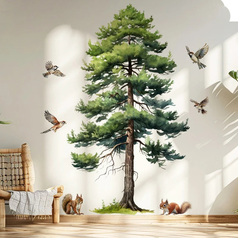 Big Pine Tree Vinyl Wall Stickers for Home Decoration Aesthetic Rooms Porch Fawn Squirrels Flying Birds Forest View Wallpaper-HomeDecorDecals_com