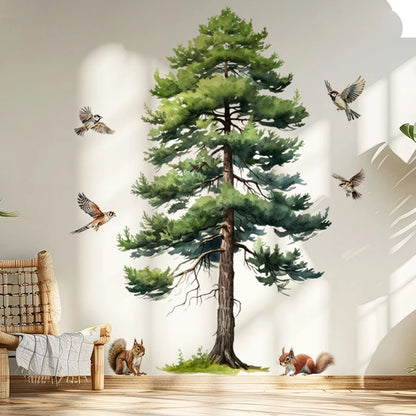 Big Pine Tree Vinyl Wall Stickers for Home Decoration Aesthetic Rooms Porch Fawn Squirrels Flying Birds Forest View Wallpaper-HomeDecorDecals_com