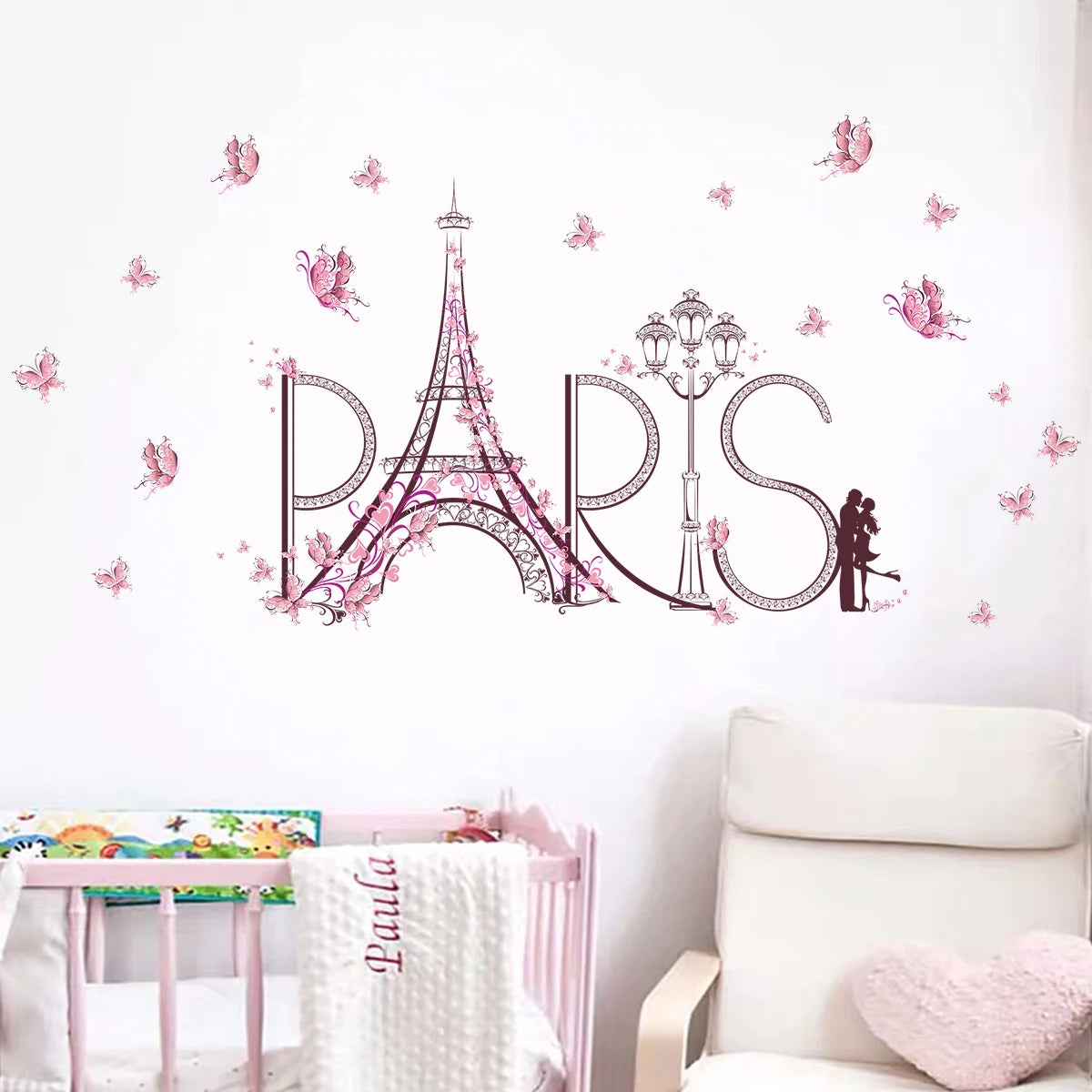 1Pc Eiffel Tower Couple Hug Pink Butterflies Wall Stickers Living Room Decoration Bedroom Wall Decals Kids Home Decor-HomeDecorDecals_com