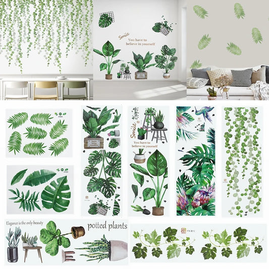 Removable Tropical Leaves Flowers Wall Stickers Home Living Room Decorative Green Leaves Plants DIY Sticker Wallpaper Supplies 7-HomeDecorDecals_com