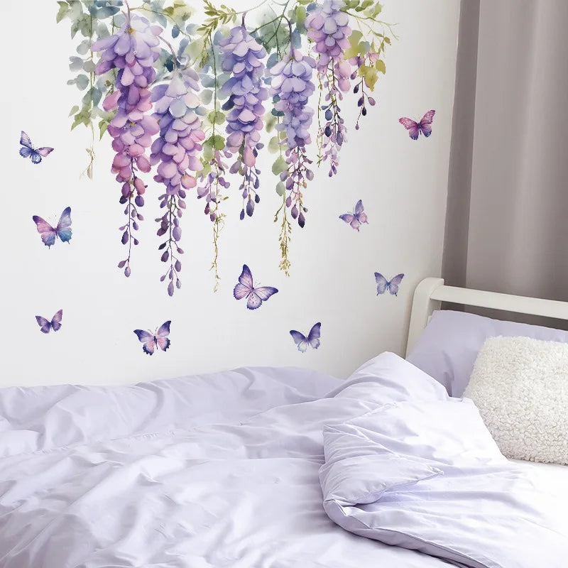 Close-up view of Purple Flower and Butterfly Floral Wall Decal | Home Decor by HomeDecorDecals.
