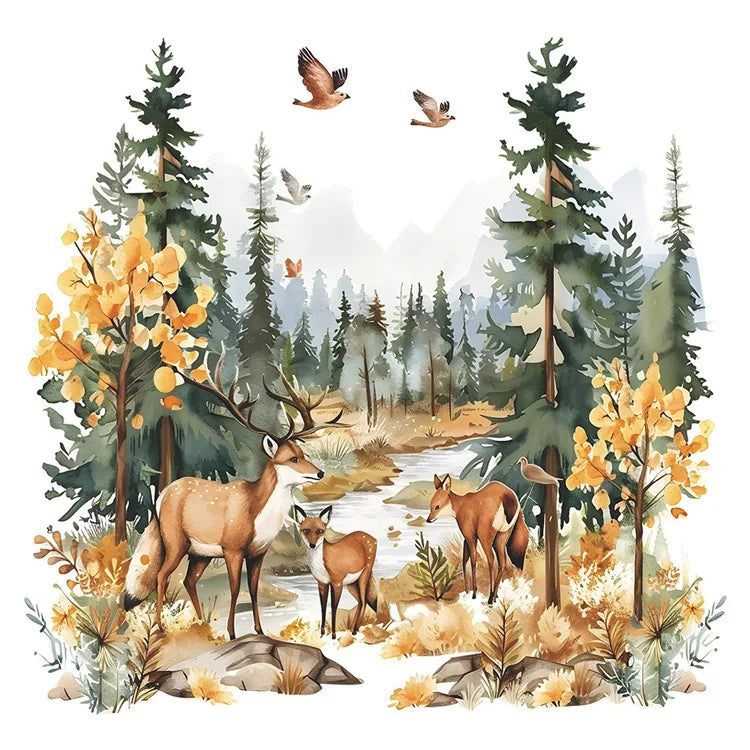 Cartoon Deer Forest Wall Sticker Kids Room Bedroom Background Decor Wallpaper Living Room Home Decoration Self-adhesive Decals-HomeDecorDecals_com