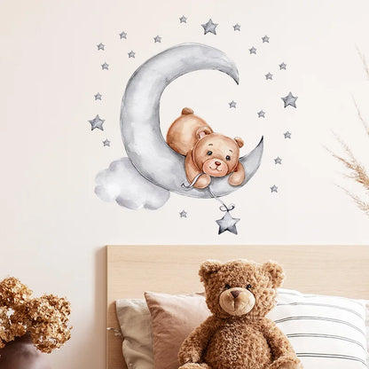 Cartoon Grey Baby Elephant Moon Gold Stars Wall Stickers for Kids Room Decor Nurserry Wall Decals Girl Boy Room Decorative-HomeDecorDecals_com