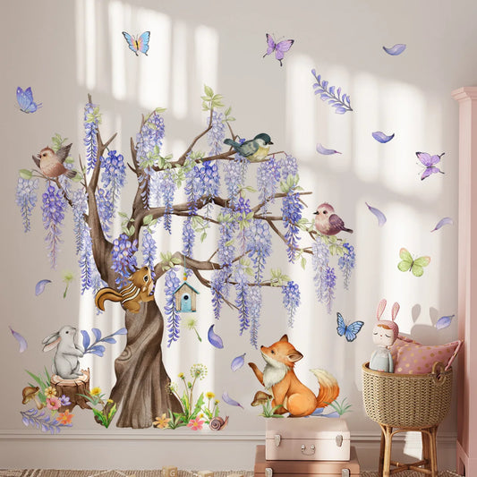 Under the Wisteria Tree Cartoon Animal Wall Stickers Rabbit Fox Butterfly Wall Sticker Children's Room Living Room Home Decals-HomeDecorDecals_com