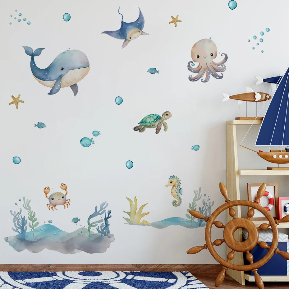 Watercolour Cartoon Cute Marine Animals Wall Decal | Home Decor by HomeDecorDecals.