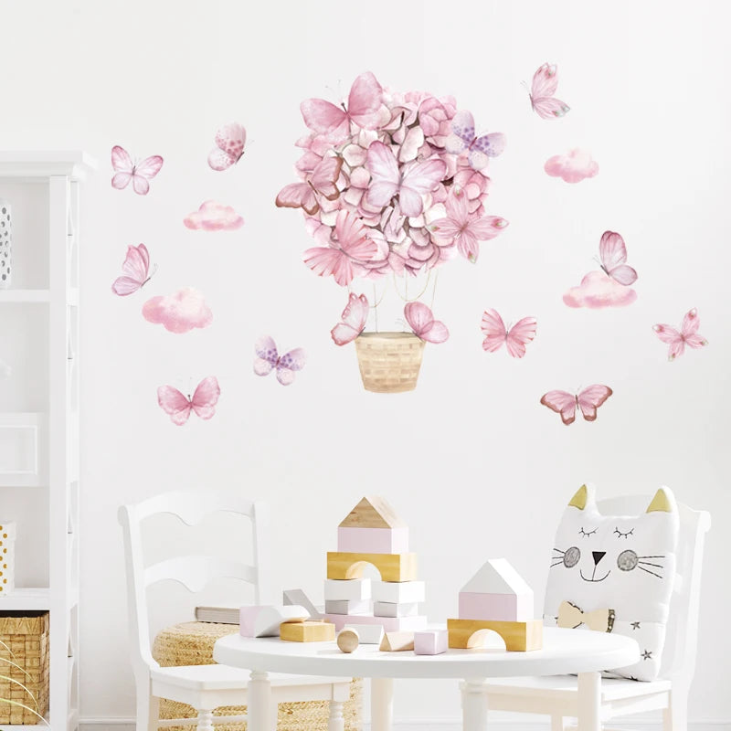 Pink Flower Hot Air Balloon Butterfly Wall Stickers for Kids Room Baby Nursery Wall Decals Bedroom Living Room Home Decor Murals-HomeDecorDecals_com