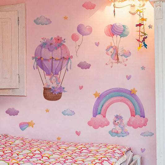 Rainbow Hot Air Balloon Unicorn Star Cloud and Love Wall Decal | Kids Room Decor removable peel and stick wall decal by Home.