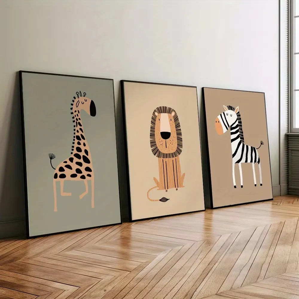 3pcs/set Giraffe Lion and Zebra Animal Canvas Print Safari Wall Art Kindergarten Poster for Modern Living Room Nursery Home Decor-HomeDecorDecals_com
