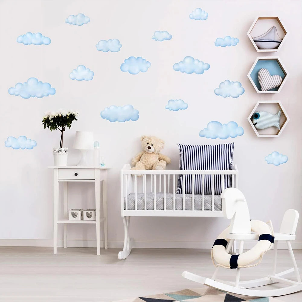 Boho Style Cartoon Light blue Clouds Wall Stickers for Kids Bedroom Home Decoration Bathroom Bathtub DIY Wall Art Wallpaper-HomeDecorDecals_com
